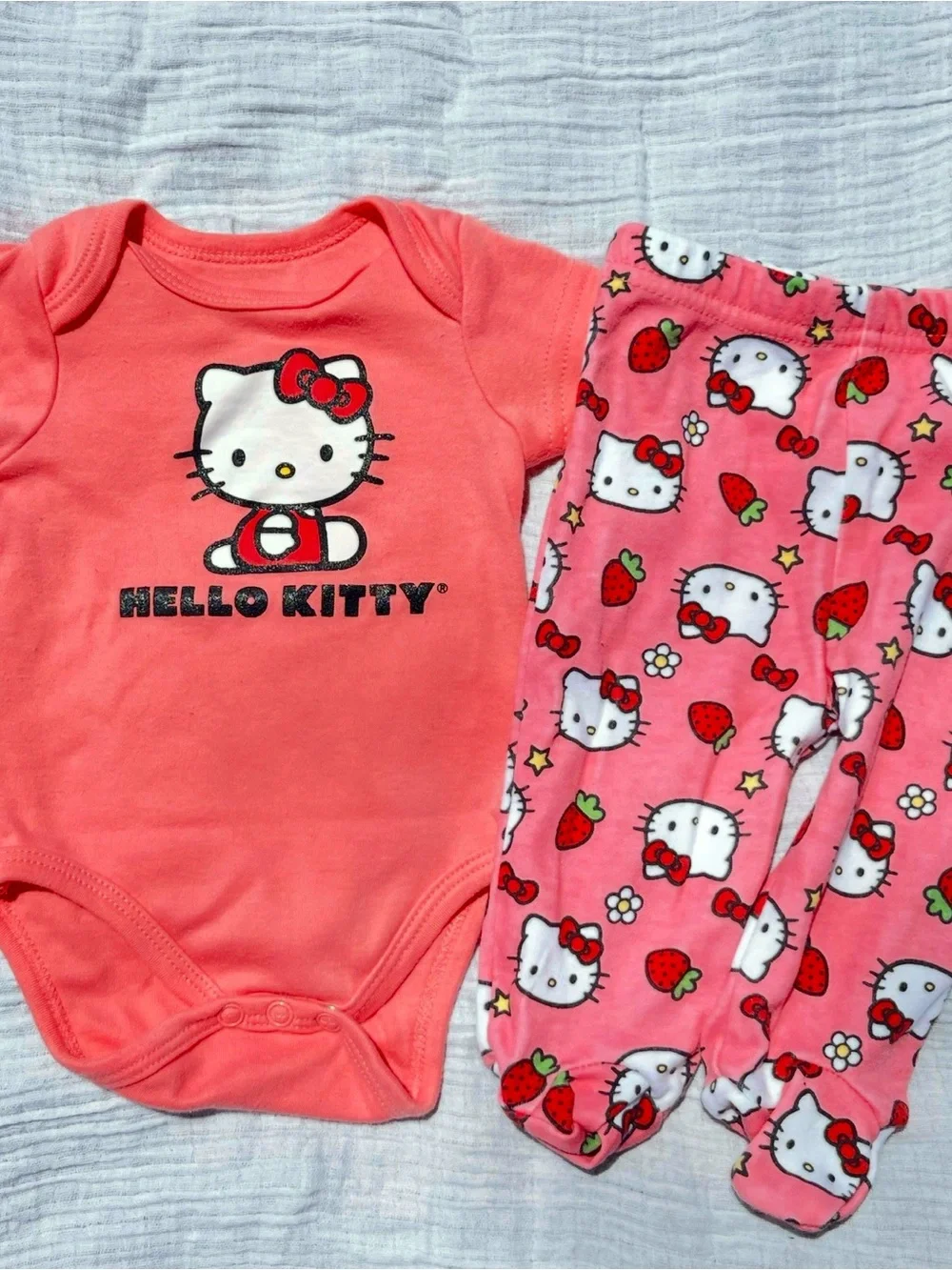 Hello Kitty Coral & Pink Bodysuit with Strawberry Print Footed Pants